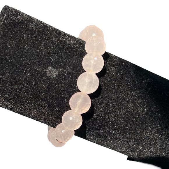 VINTAGE FACETED ROSE QUARTZ 10MM BEADS W SILVER TONE BEADS STRETCH BRACELET - Picture 2 of 8